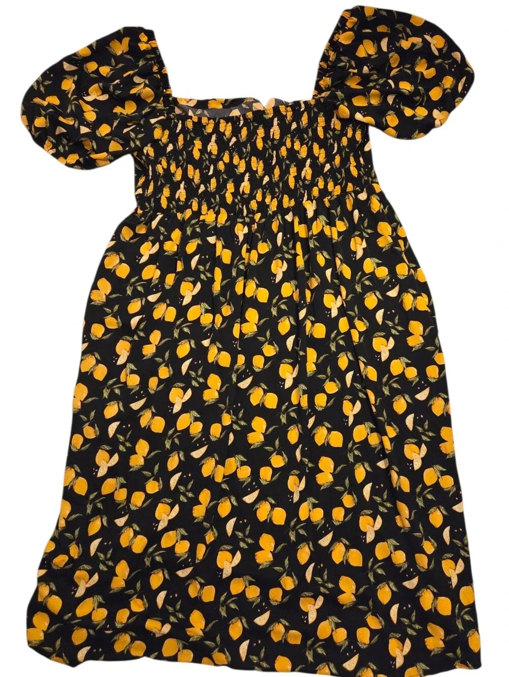 Cider Lemon Print/ Black Midi Dress Puff Sleeves Peasant Fun Plus Size 3X NWT
